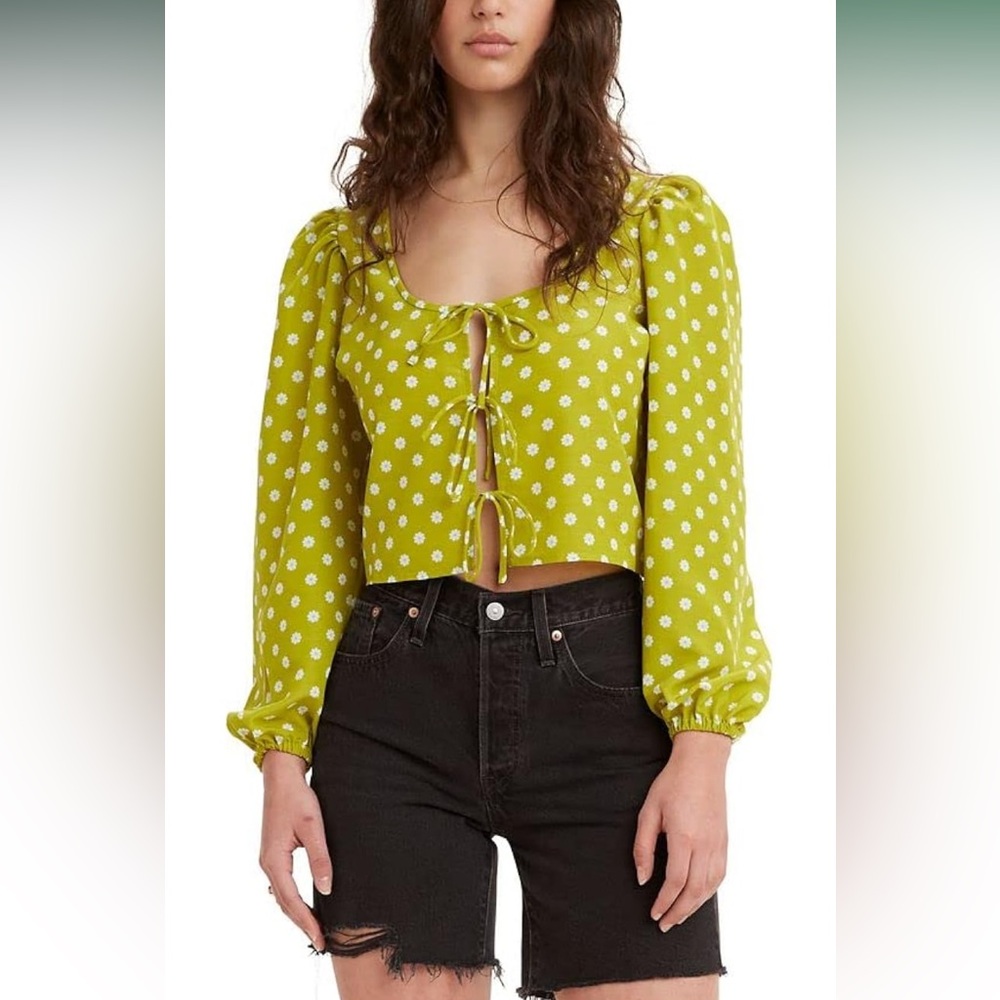 LEVI’S NWOT Daisy Tie Front Crop Top Green Floral Long Sleeve Puff Sleeve Small